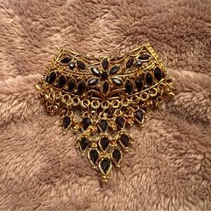 VINTAGE Ethnic Gold Chunky Pendent with Black Diamond Crystals and Dangle Beads